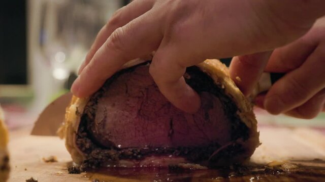 Delicious beef wellington, roast meat, beef tenderloin, puff pastry