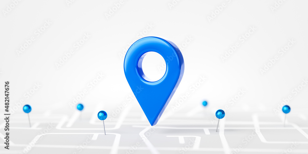 Poster blue location 3d pin icon of travel navigation road map marker place symbol or gps pointer route dir
