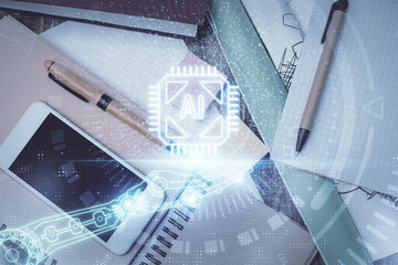 Multi exposure of technology theme drawing over work table desktop. Top view. Global data analysis concept.