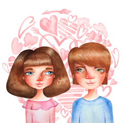 Cute girl with blue eyes and boy by hand drawn in watercolor. Vintage style. Love characters for St. Valentine's day and wedding design. Isolated white background.