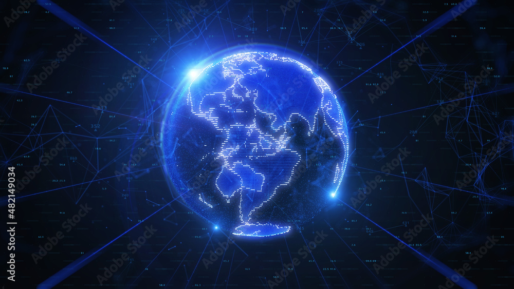 Fototapete Digital Blue Spinning Earth Communication Technology Global Network with Polygon Geometric Plexus Line Element Illustration Background.
