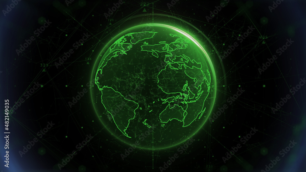 Aufkleber Abstract Digital Earth Spinning Number Data Line Connection. Futuristic Green Sphere Rotation Concept Illustration Background.