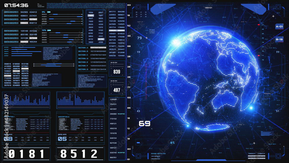 Poster blue 3d earth planet graphic with hud ui big data security analysis illustration background.