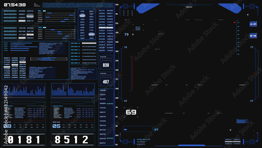 Poster HUD UI Futuristic Screen Element Virtual Reality Template. Explorer Navigation Screen for Game, Graphic Information Design.