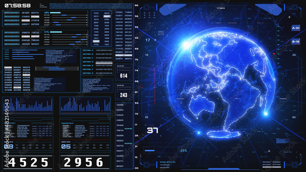 Poster hud digital futuristic spinning earth scanning location tracking analytic screen display illustratio