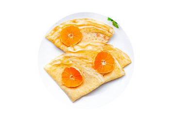 crepes thin pancake citrus Shrovetide holiday Maslenitsa sweet dessert breakfast pancakes healthy meal food snack on the table copy space food background rustic top view