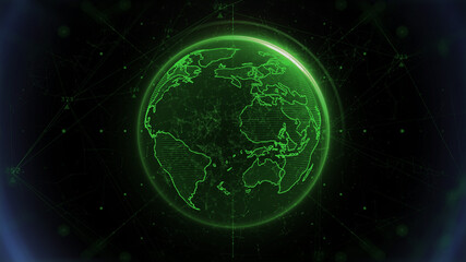 Abstract Digital Earth Spinning Number Data Line Connection. Futuristic Green Sphere Rotation Concept Illustration Background.