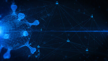 Abstract 3D Spinning Bacteria Molecular Structure with Data Line Communication Illustration Background