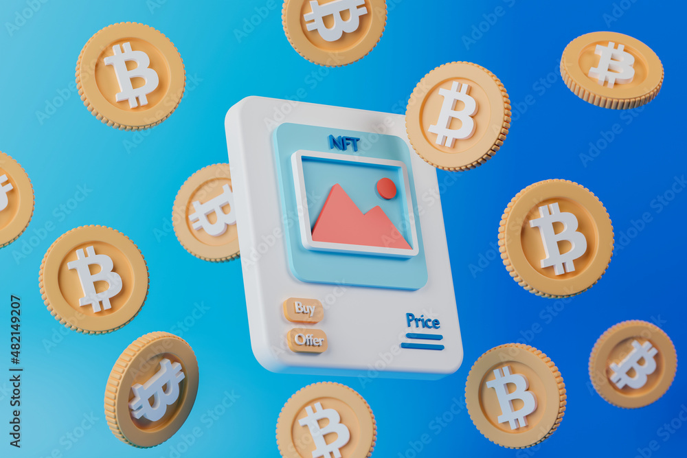 Poster 3d rendering concept nft or non fungible token illustration. nft art work with bitcoin on blue gradi