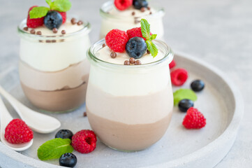 Dessert three chocolate in a glass jar with fresh blueberries, raspberries and blackberries on top on a gray concrete background. Dessert with three layers of different taste. Copy space.