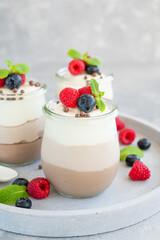 Dessert three chocolate in a glass jar with fresh blueberries, raspberries and blackberries on top on a gray concrete background. Dessert with three layers of different taste. Copy space.