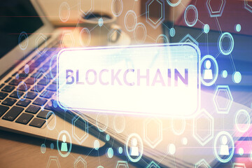 Double exposure of crypto technology drawing and desktop with coffee and items on table background....