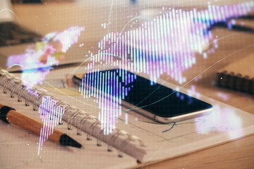 Double exposure of financial theme drawing and cell phone background. Concept of business