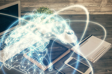 Double exposure of financial theme drawing and cell phone background. Concept of business
