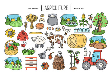 Vector hand drawn set on the theme of agricultural industry, farming, agriculture, factory, food, village, gardening. Isolated colorful doodles, line icons for use in design