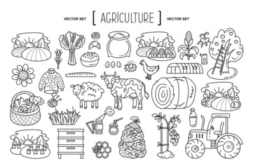 Vector hand drawn set on the theme of agricultural industry, farming, agriculture, factory, food, village, gardening. Isolated doodles, line icons for use in design