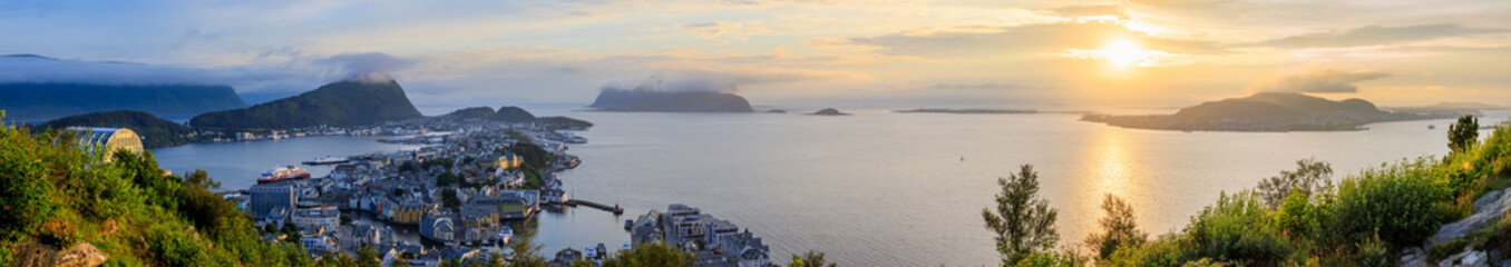 Panoramic view to the city Alesund in Norway from the Byrampen Viewpoint