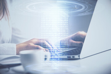Multi exposure of woman hands working on computer and data theme hologram drawing. Tech concept.