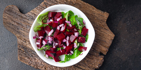 beetroot salad mix leaves green beet vegetable fresh dietary healthy meal food diet snack on the table copy space food background rustic top view keto or paleo diet veggie vegan or vegetarian food