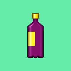 colorful simple flat pixel art illustration of cartoon purple bottle of soda or cola