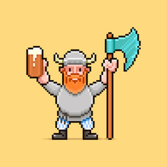 colorful simple flat pixel art illustration of cartoon viking with a big axe and a mug of beer in his hands