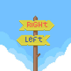 colorful simple flat pixel art illustration of cartoon wooden path sign pole with arrows indicating the direction to the right and left