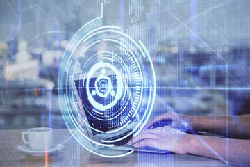 Obraz premium Multi exposure of woman hands working on computer and data theme hologram drawing. Tech concept.