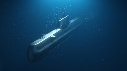 submarine in the sea with water bubble background. 3d rendering