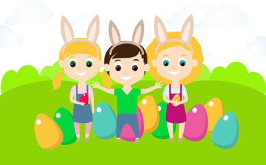 Cute children two girls and a boy are standing on a green meadow with painted eggs. Easter illustration of a group of children with bunny ears on the theme of hunting for eggs.