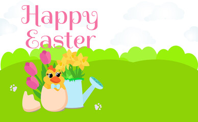 On a green meadow there is a charming chicken in an egg. On the back are pink tulips and a watering can with yellow daffodils and rabbit footprints. Happy Easter text. A mood of joy and serenity.