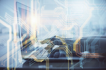 Double exposure of woman hands working on computer and world map hologram drawing. International technology business concept.