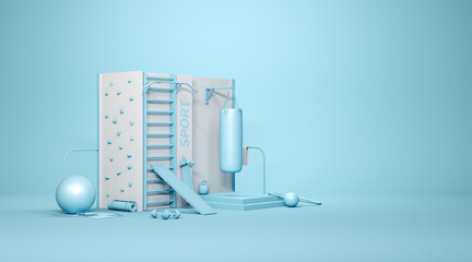 Sport lifestyle concept. Gym equipment. Fitness. Punching bag, wall bars, dumbbells, gymnastic ball in blue pastel colors. 3d render. 3d illustration.