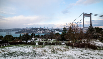 Fototapeta na wymiar Snowy day in Istanbul, Turkey. View of Fatih Sultan Mehmet Bridge from Otagtepe. Beautiful winter landscape in Istanbul.