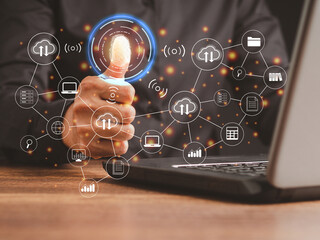 Technology fingerprint scan provides security. Cloud computing system.