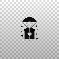 Gift box with heart on parachute glyph icon