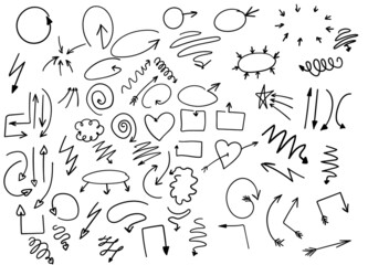 set of arrows of different shapes and styles in the technique of doodles drawn. Vector collection of arrow pointers: bubble, heart, dotted, striped arrow, arrow on two sides