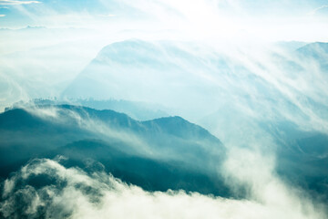 Valley view with villages and mountains at sunrise. View from Adam's peak, Sri Lanka