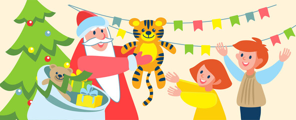 New Year banner: Santa Claus gives gifts to children.