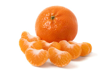 Ripe tangerine with slices on a white isolated background with a shadow
