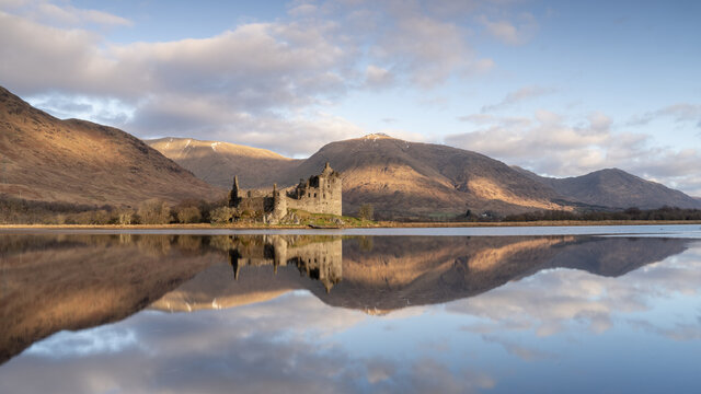 Kilchurn Castle on Loch Awe in the Scottish Highlands. Landscape photograph of the popular tourist location near Oban and Glencoe, Scotland