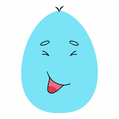 Cheerful blue egg is laughing. Vector sticker for Easter. Postcard decor element.