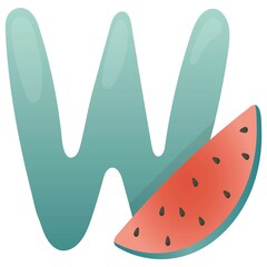 Letter W and a piece of red watermelon on a white background, training card. English vocabulary and alphabet, vector for children, learning aid in kindergarten and school