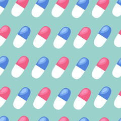 Pharmacy pills seamless pattern. Healthcare green background. Colorful medical capsules. Vector flat illustration