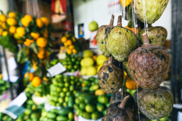 Sri Lanka Bazaar. Tropical fruits and vegetables in outdoor market in Sri Lanka. 