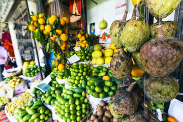 Sri Lanka Bazaar. Tropical fruits and vegetables in outdoor market in Sri Lanka. 