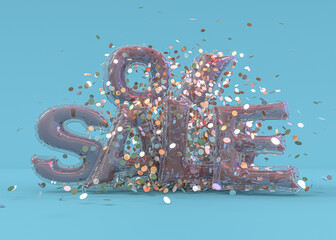 Words Sale made of inflatable balloons on blue background. 3D illustration