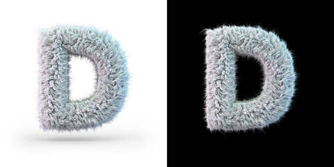 Capital letter D. Uppercase. White fluffy font on black and white background. 3D