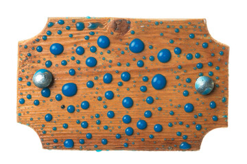 Drops of blue liquid paint on a wooden frame fixed with bolts. Isolated - 482155265