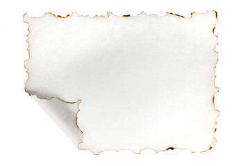 Blank white sheet of paper with burnt edges and a folded corner. Isolated
