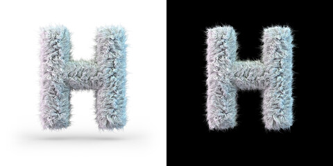 Capital letter H. Uppercase. White fluffy font on black and white background. 3D